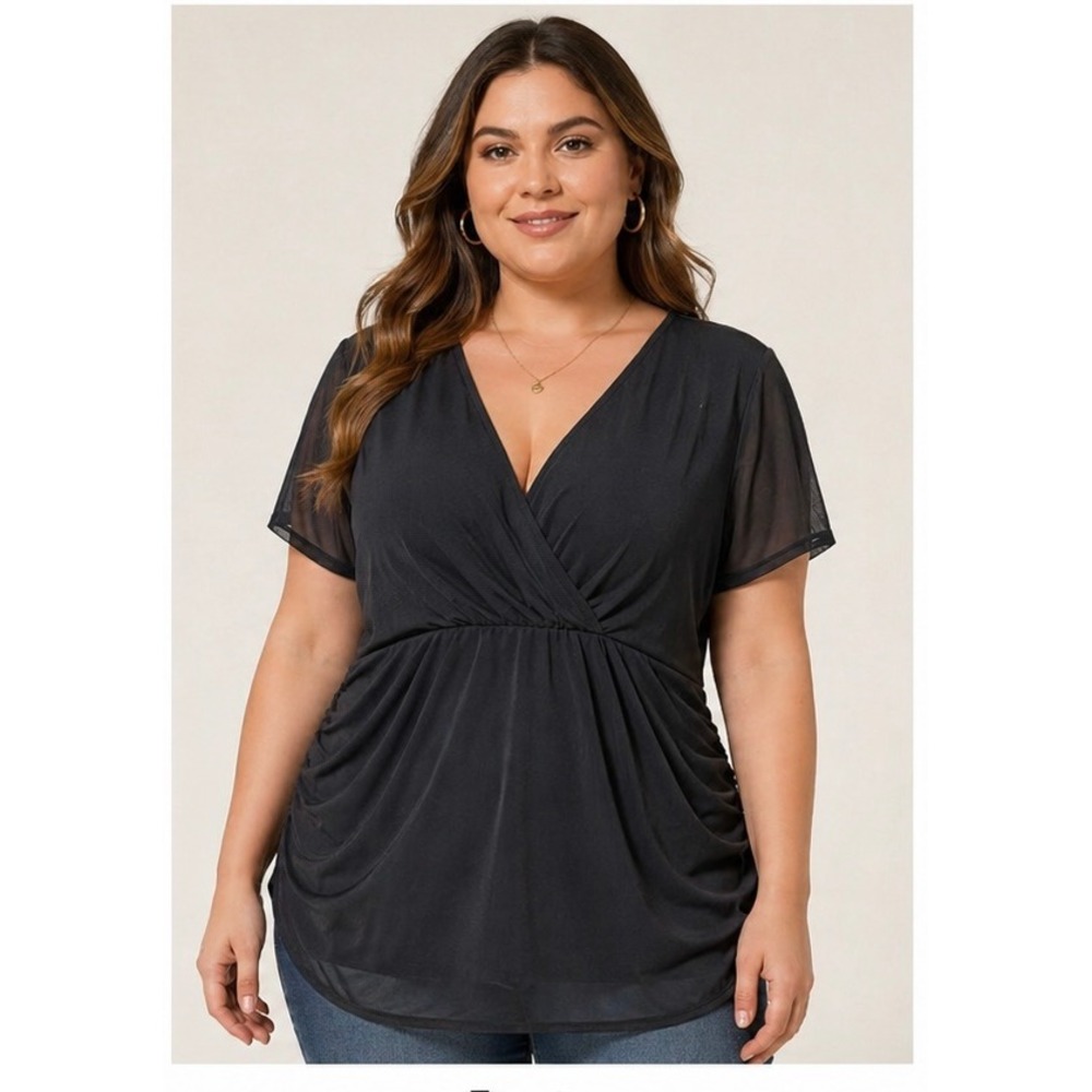 Torrid Black Surplice Ruched Top Mesh Sleeve Plus Size 3 3X V-Neck Blouse Goth